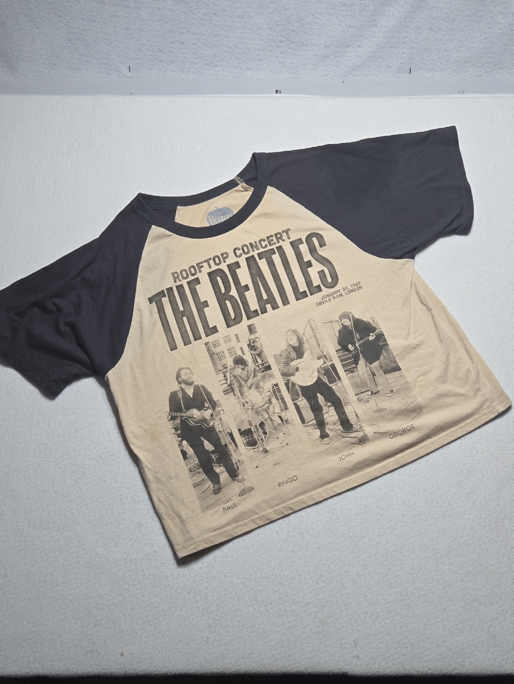The Beatles Crop Top Raglan Tee in Beige and Black - Rooftop Concert Graphic